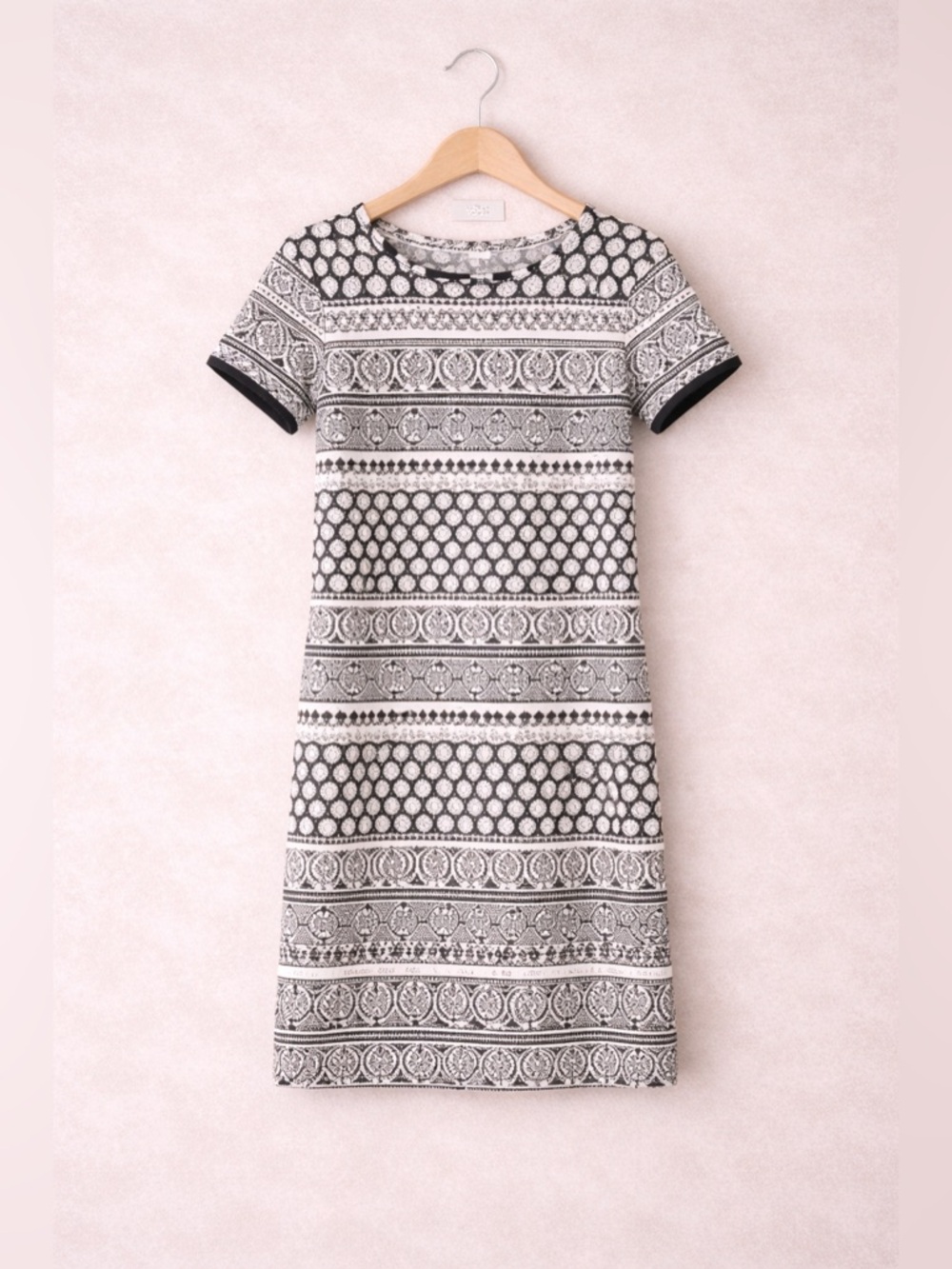 LOFT Black White Print Shift Dress Small Short Sleeve Work Office Career Minimal